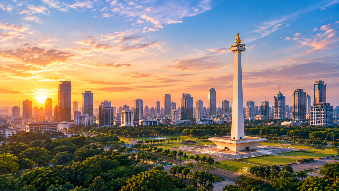 Jakarta skyline at sunset, with the National Monument in the foreground