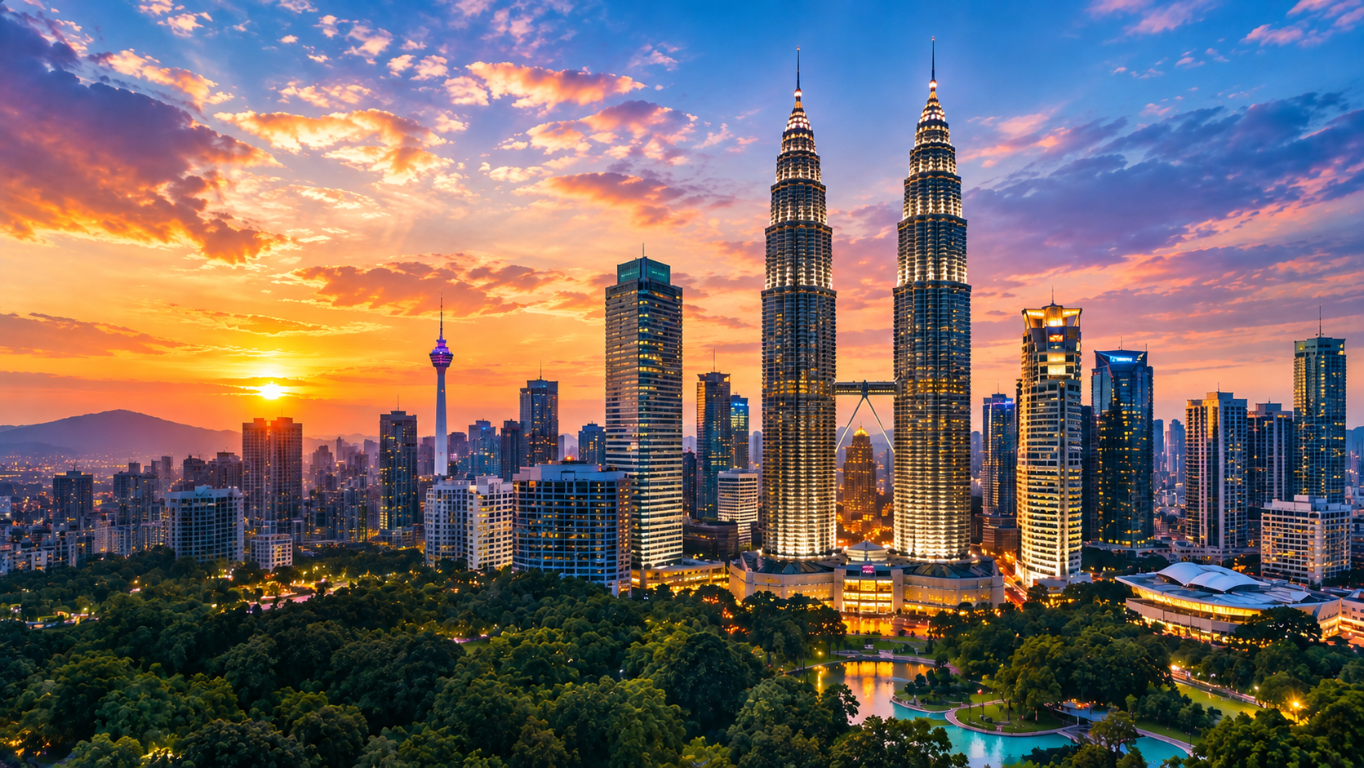 Kuala Lumpur skyline at sunset, featuring the Petronas Twin Towers